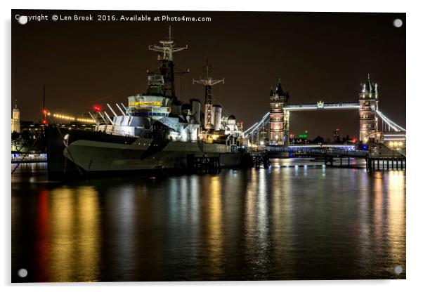 HMS Belfast and Tower Bridge, London Acrylic by Len Brook