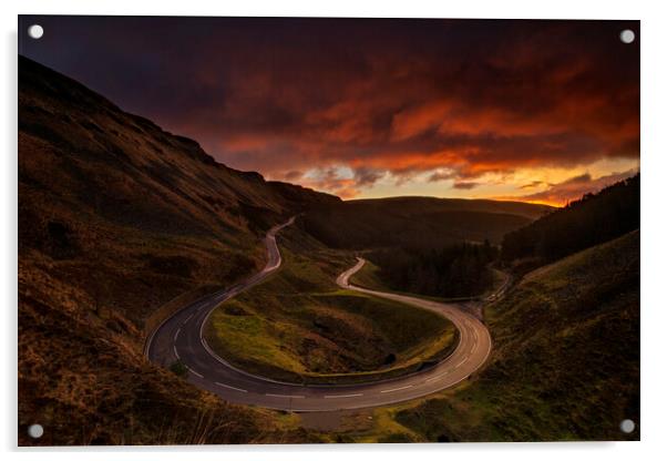 Bwlch Mountain road during sunrise Acrylic by Sandra Kepkowska