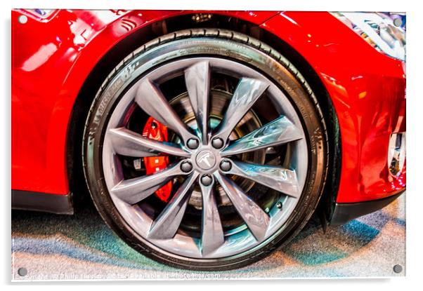 Close up photo of a Tesla electric car alloy wheel Acrylic by Naylor's Photography