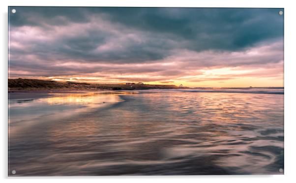 Flaming sky at Bamburgh beach Acrylic by Naylor's Photography