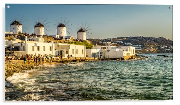 Mykonos town cliff top Windmills Acrylic by Naylor's Photography