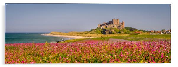 Panorama of Bamburgh Castle from the campion field Acrylic by Naylor's Photography
