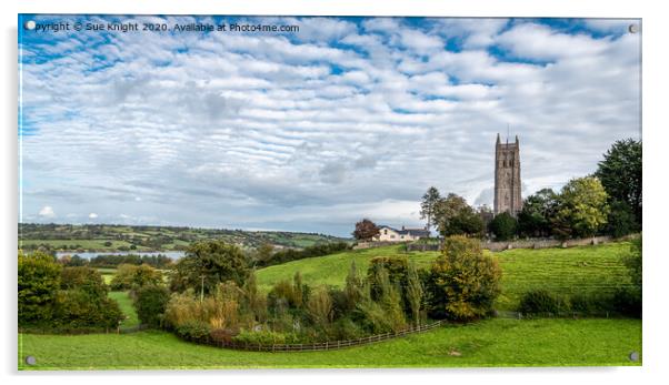 A view of the church and the lake at Blagdon Somerset Acrylic by Sue Knight