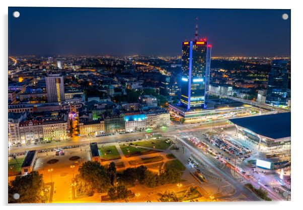 City of Warsaw in Poland by Night Acrylic by Artur Bogacki