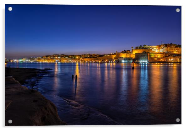 Valletta Night City Skyline Sea View In Malta Acrylic by Artur Bogacki