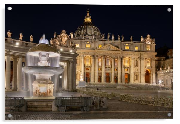 St Peter Basilica and Fountain in Vatican at Night Acrylic by Artur Bogacki