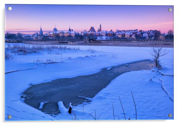Warsaw Skyline In Winter At Dawn Acrylic by Artur Bogacki