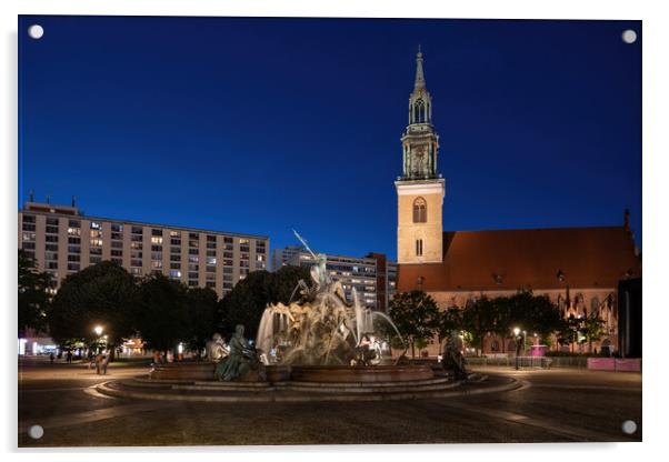Neptune Fountain And St Mary Church In Berlin Acrylic by Artur Bogacki