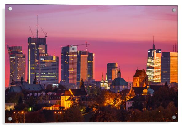 Twilight City Skyline Of Warsaw Downtown Acrylic by Artur Bogacki