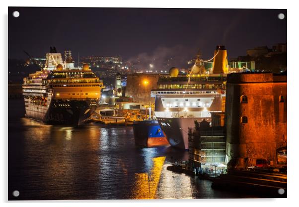 Cruise Ships in Grand Harbour at Night in Malta Acrylic by Artur Bogacki