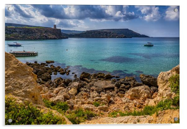 Rocky Shore of Golden Bay in Malta Acrylic by Artur Bogacki