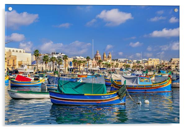 Marsaxlokk Harbor And Skyline In Malta Acrylic by Artur Bogacki
