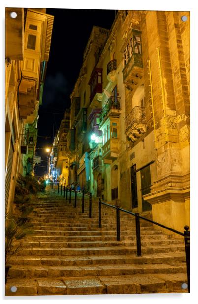 St John Street At Night In Valletta Malta Acrylic by Artur Bogacki
