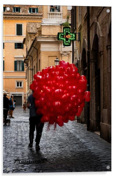 Men With Red Balloons On Cobblestone Street Acrylic by Artur Bogacki