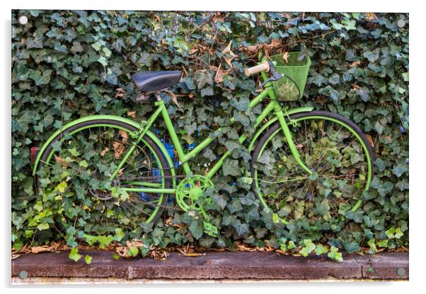 Green Vintage Bicycle At Plants Covered Fence Acrylic by Artur Bogacki