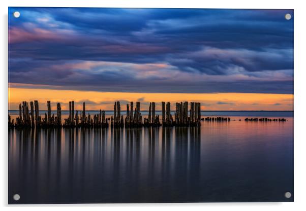 Old Sea Pier Wooden Posts At Twilight Acrylic by Artur Bogacki