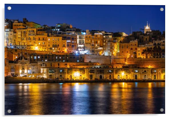 Valletta City Skyline At Night In Malta Acrylic by Artur Bogacki