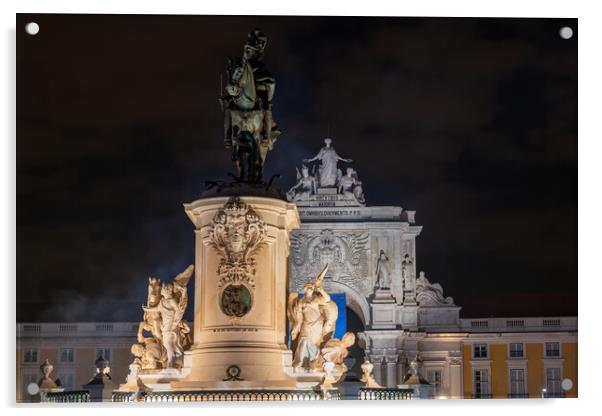 King Jose I and Rua Augusta At Night In Lisbon Acrylic by Artur Bogacki