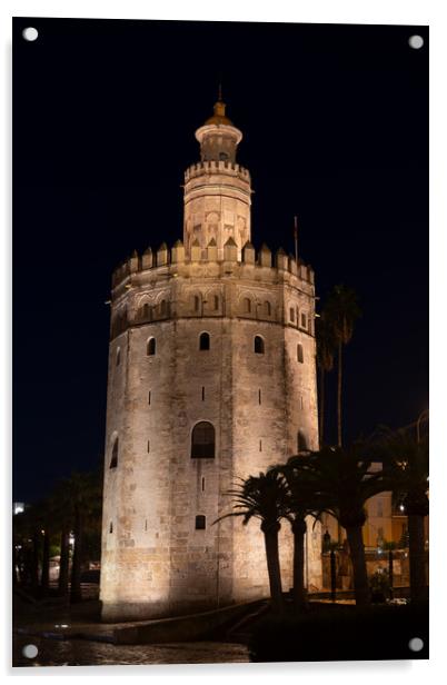 Tower Of Gold At Night In Seville Acrylic by Artur Bogacki