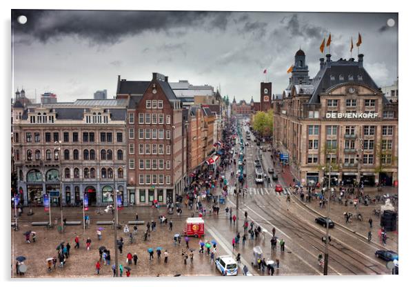 Dam Square and Damrak Street in City Center of Amsterdam Acrylic by Artur Bogacki