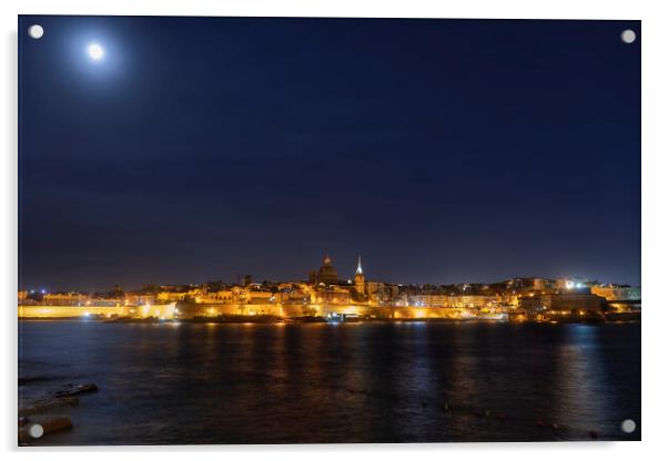Valletta Skyline At Night Acrylic by Artur Bogacki