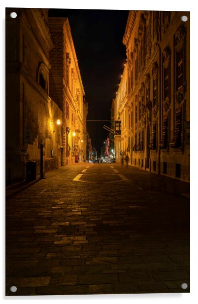 Street in Valletta City by Night in Malta Acrylic by Artur Bogacki