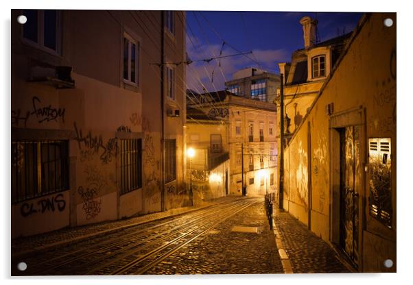 Calcada da Gloria Street at Night in Lisbon Acrylic by Artur Bogacki