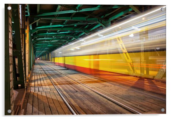 Bridge With Tram Light Trails In Warsaw Acrylic by Artur Bogacki