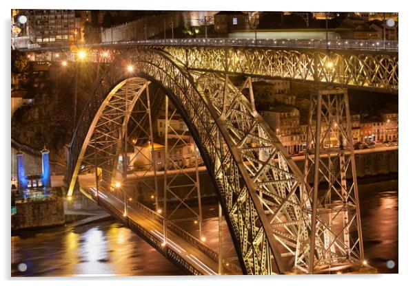 Dom Luis I Bridge In Porto By Night Acrylic by Artur Bogacki