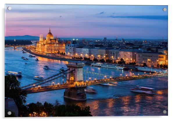 City Of Budapest Evening River View Acrylic by Artur Bogacki