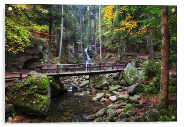 Bridge Over Stream In Autumn Mountain Forest  Acrylic by Artur Bogacki