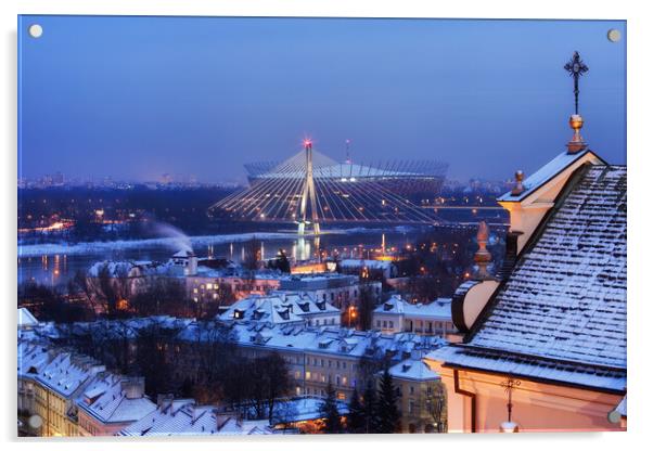 City Of Warsaw Winter Evening Cityscape Acrylic by Artur Bogacki