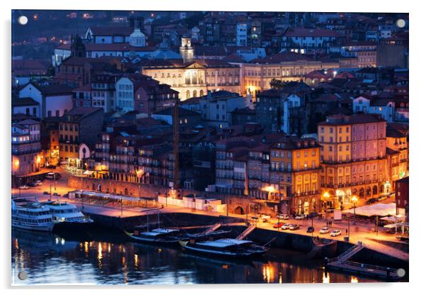 City of Porto Old Town by Night Acrylic by Artur Bogacki