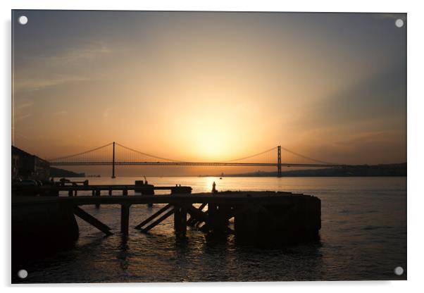 Sunset at Almada Quay and 25 de Abril Bridge in Lisbon Acrylic by Artur Bogacki