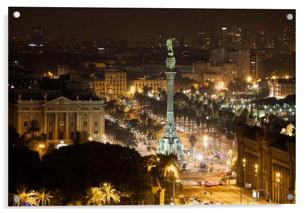 Barcelona Cityscape and Columbus Monument by Night Acrylic by Artur Bogacki