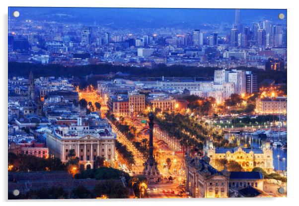 City of Barcelona at Blue Hour Evening Acrylic by Artur Bogacki