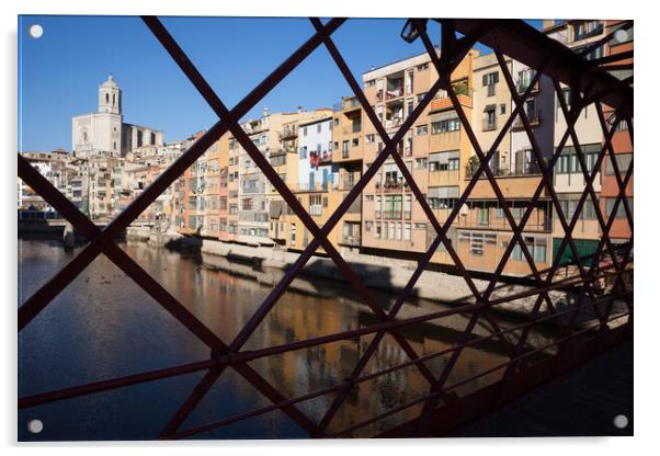 Old Town Of Girona From Eiffel Bridge Acrylic by Artur Bogacki