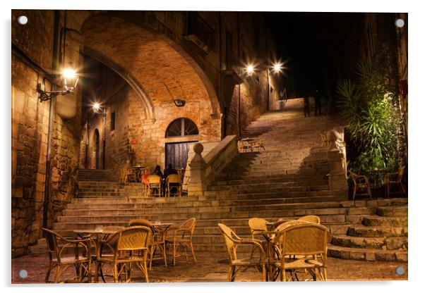 Sant Domenec Stairs in Girona at Night Acrylic by Artur Bogacki