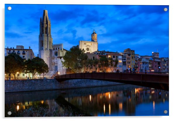 Girona City By Night Acrylic by Artur Bogacki