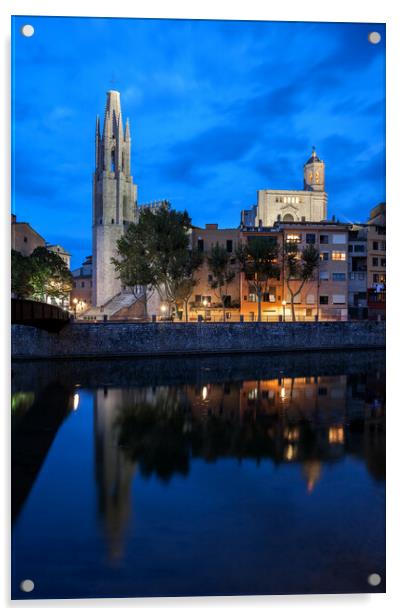 Girona City Skyline At Dusk Acrylic by Artur Bogacki