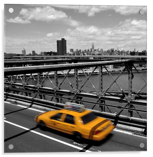  Yellow cab on Brooklyn Bridge, New York Acrylic by Peter Schneiter