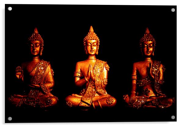 Three golden Buddhas Acrylic by Julian Bound
