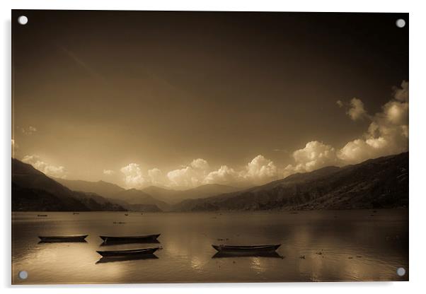 Fewa Lake and boats in sepia, Pokhara, Nepal Acrylic by Julian Bound