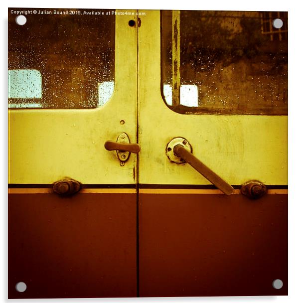 Train carriage doors on a train station in Llangol Acrylic by Julian Bound