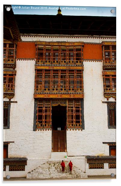 Two monks of Tashi Chho Dzong Fortress, Bhutan Acrylic by Julian Bound