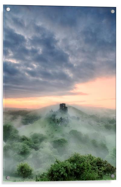 Misty Morning at Corfe Castle Acrylic by daniel allen