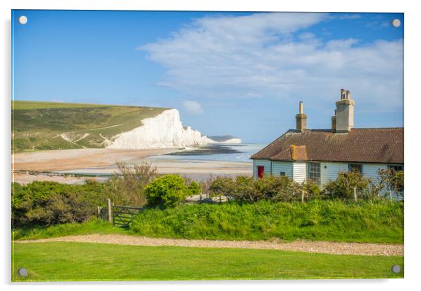 The Coastguard Cottages and the Seven Sisters. Acrylic by Bill Allsopp