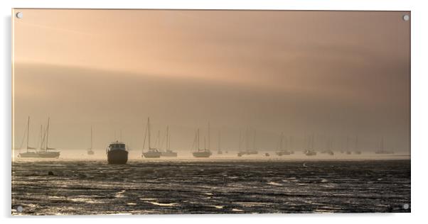 Misty sunrise at Pin Mill. Acrylic by Bill Allsopp
