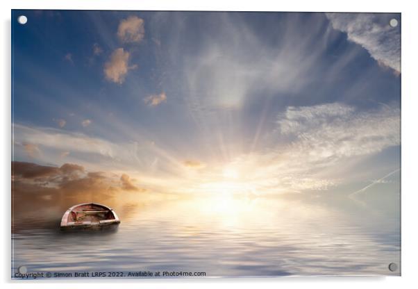 Rowing boat lost in calm sea Acrylic by Simon Bratt LRPS