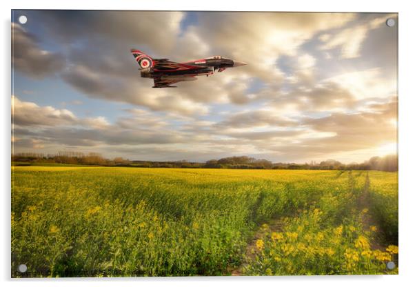 RAF Typhoon Eurofighter jet flying over rapeseed crops Acrylic by Simon Bratt LRPS